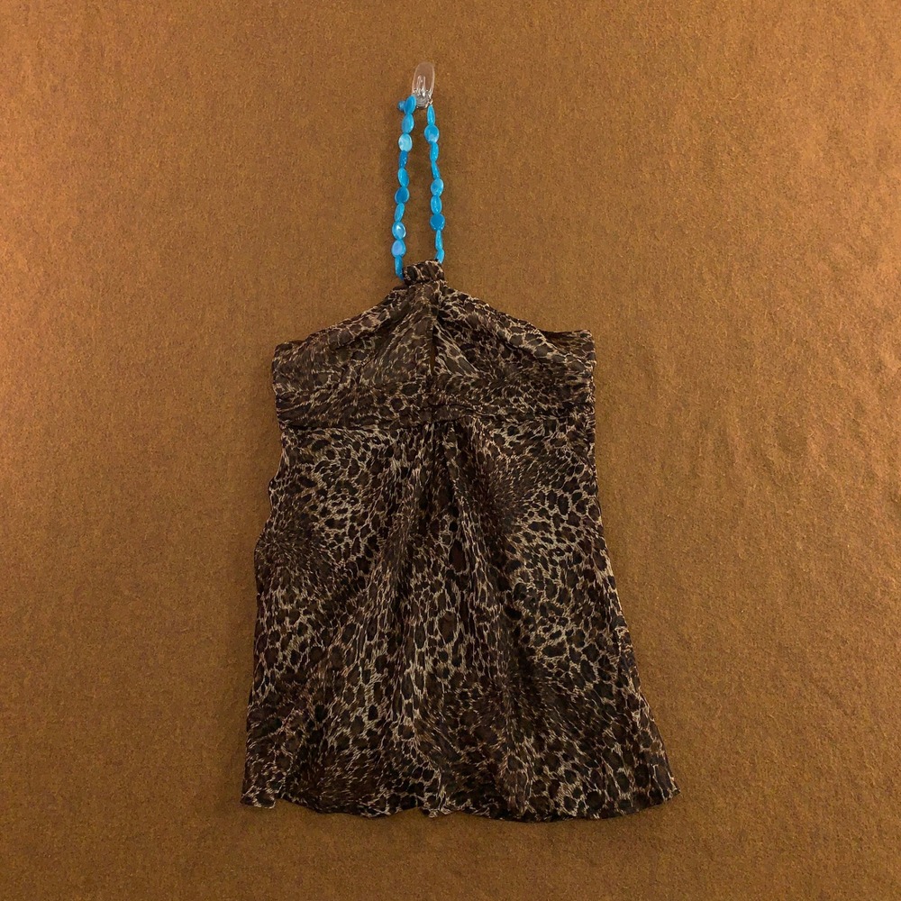Forever Womens Medium Brown Sheer Leopard Print Beaded Halter Top